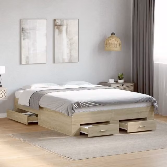 Berkfield Home Double Bed Frame with Drawers in Sonoma Oak Brown, W: 135 cm, L: 190 cm – 1