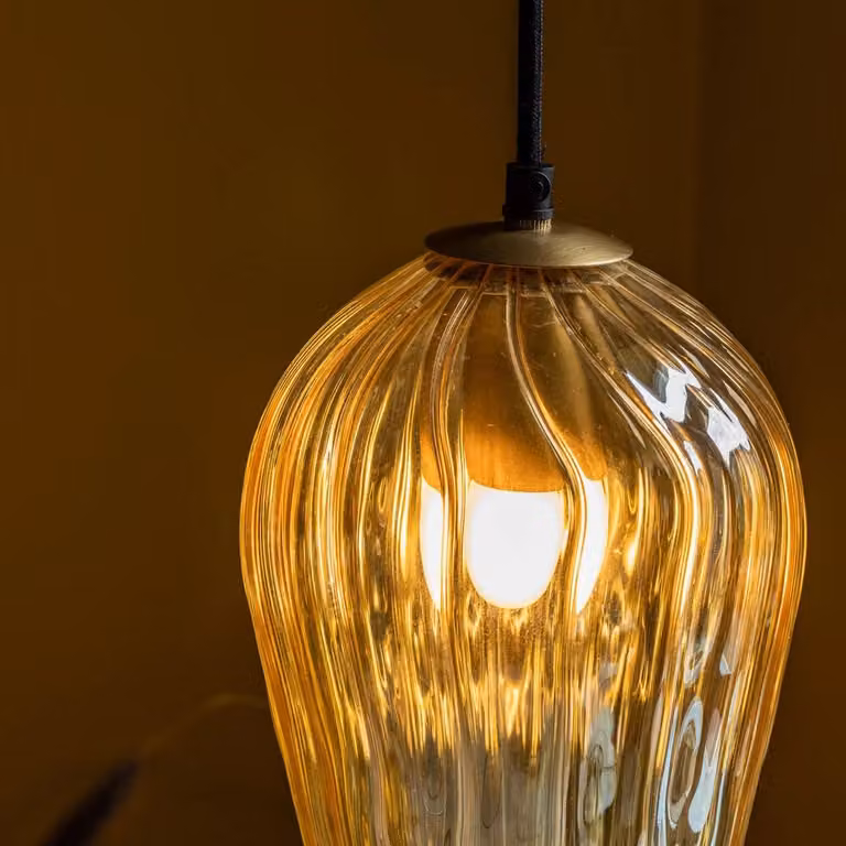 Atkin & Thyme Aria Glass Pendant Light in Gold and Brass with Transparent Orange Glass