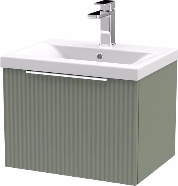 Balterley Fluted Wall Hung 1 Drawer Vanity Basin Unit and Basin, Satin Green, Width: 50 cm
