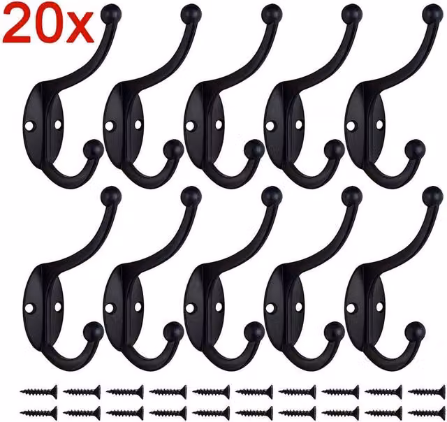 NESTLUNE Polished Metal Double Hat and Coat Hooks in Black, 20 Hooks and 40 Screws, W: 100 cm, H: 40 cm