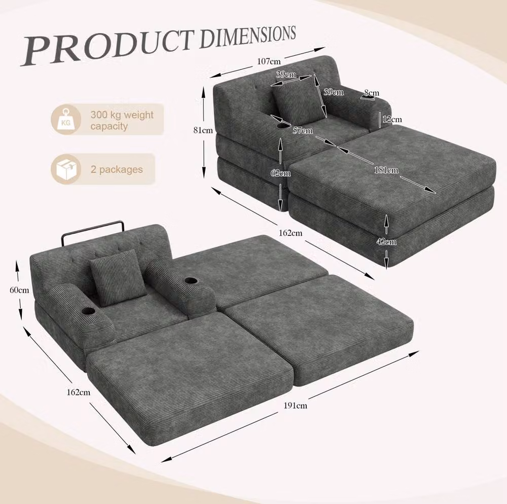 STILVORA Modern Grey Fabric Sofa Bed with Metal Frame and Cup Holders – 3
