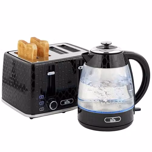 HOMCOM Kettle and Toaster Set in Black with 1.7L Glass Jug Kettle and 4-Slice Toaster