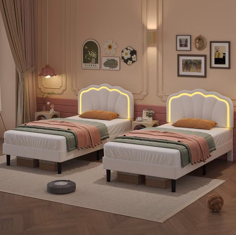 STILVORA Single Upholstered Velvet Bed Frame with Under-Bed RGB LED Lighting and Drawers in Beige – 2