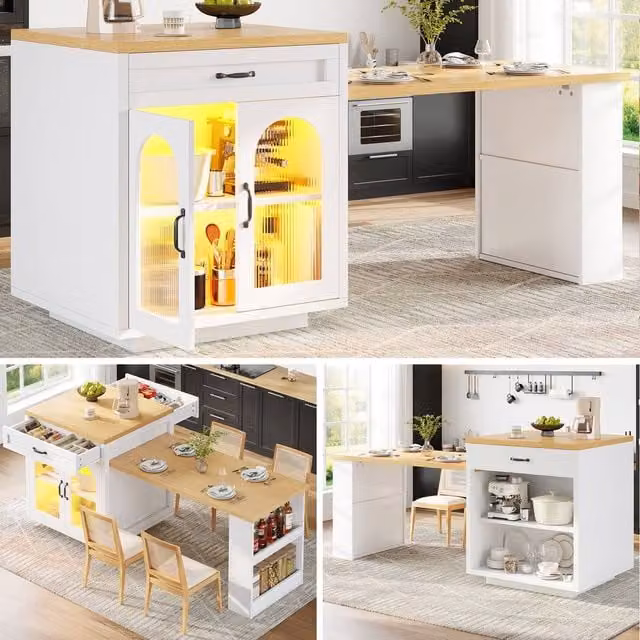 Matteo Extendable Kitchen Island with LED Lighting, Fluted Glass Doors and Storage in White – 1
