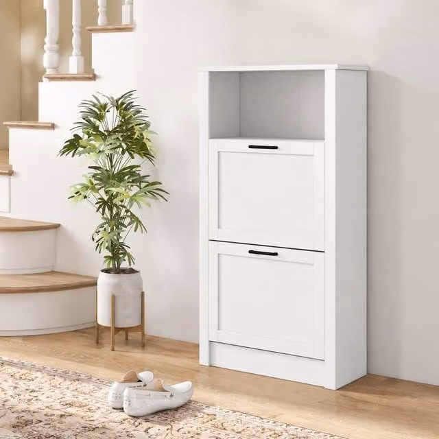 STILVORA Modern White Matt Shoe Cabinet with Tilting Compartments and Internal Shelves, H 105 x W 58 x D 24 cm