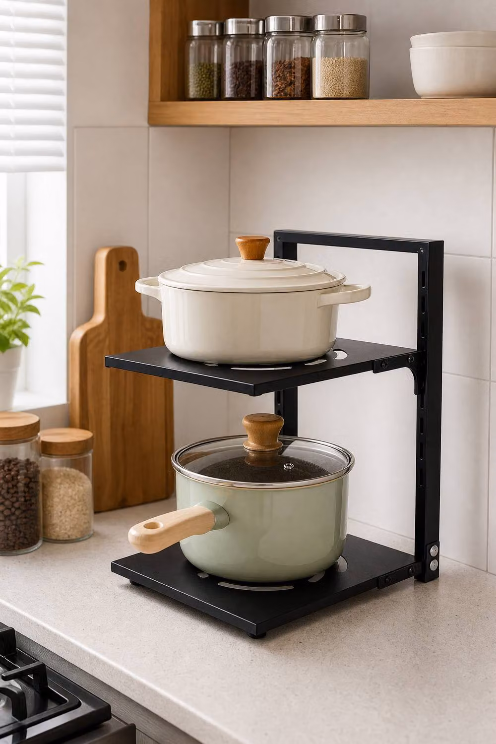 Garden Sanctuary 2-Tier Adjustable Metal Kitchen Pot Rack Organizer, Black, W: 33.0 cm, D: 27.0 cm – 2