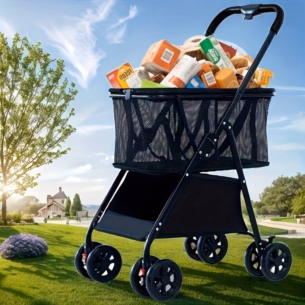 Ventryn Portable and Foldable Supermarket Shopping Cart with 8 Wheels, Black – 4