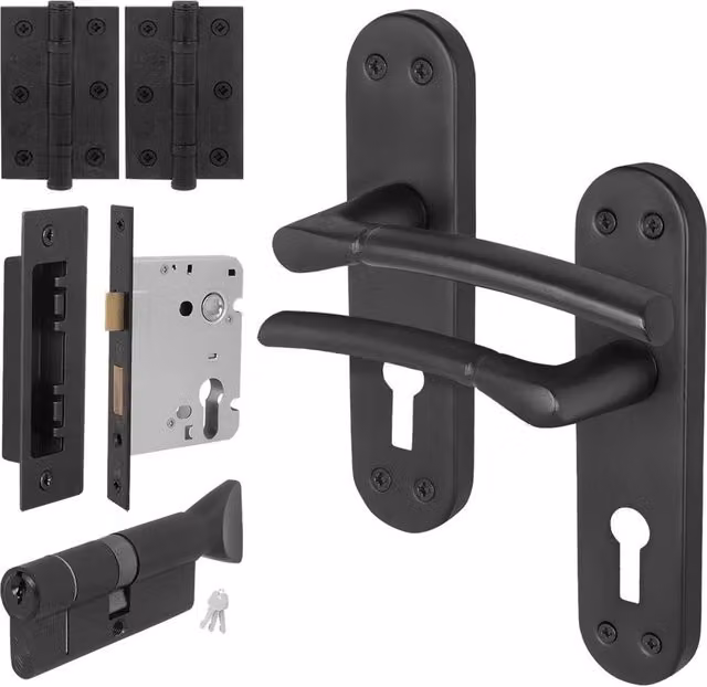 AFIT Matt Black Door Handle with Euro Lock Thumbturn Cylinder and Hinges, 15.0 x 15.0 cm