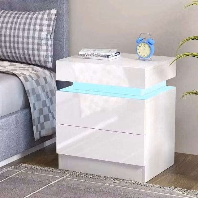 EONLION White Glossy 2-Drawer Bedside Table with Integrated LED Light