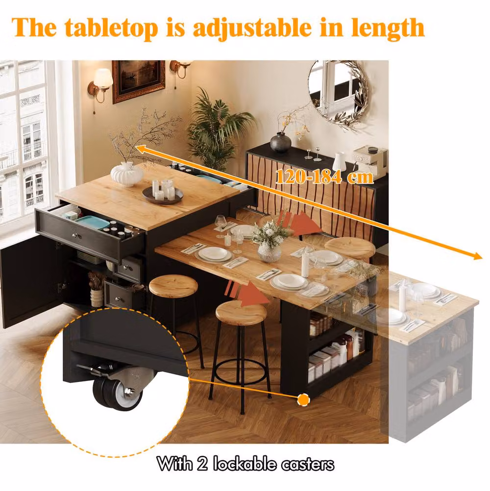 STILVORA Extendable Kitchen Island with Drawers in Black – 7