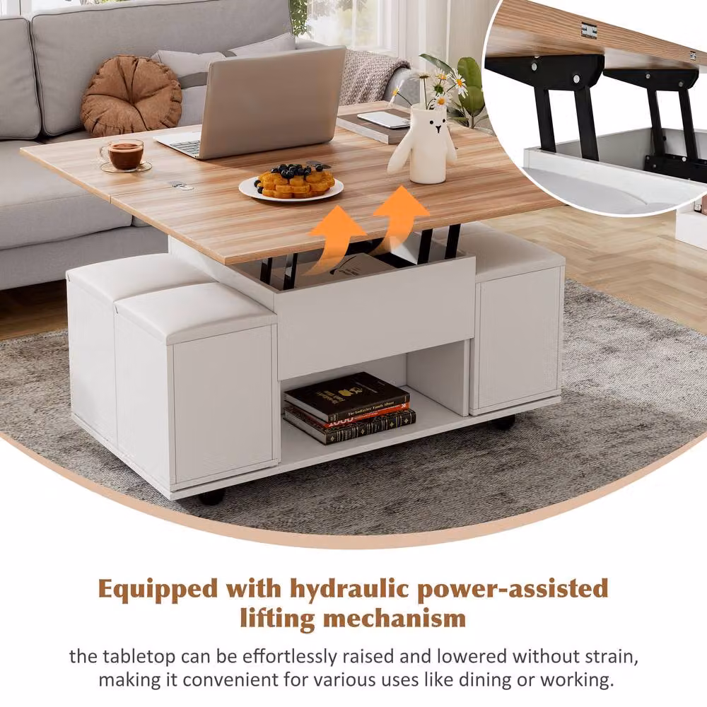 Merax White Lift Top Coffee Table with 4 Hidden Stools and Storage Compartment – 5