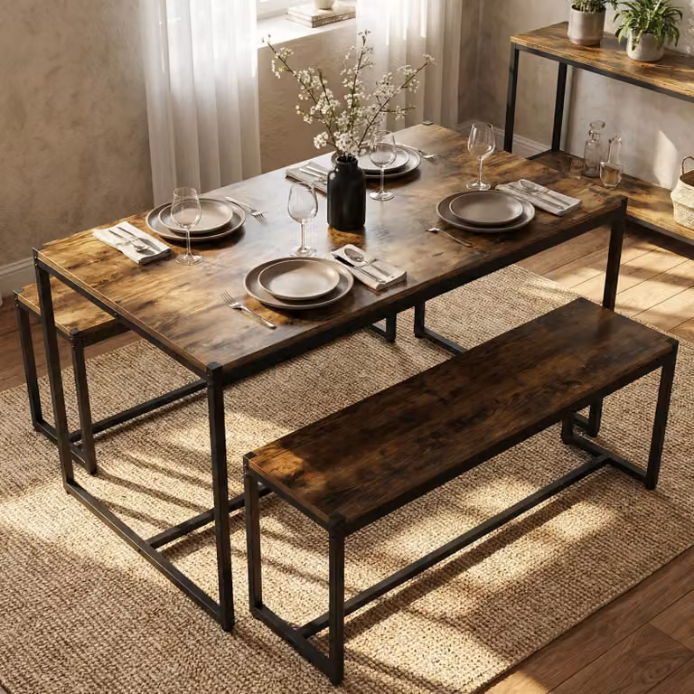 Orvak Rustic 4 Seater Dining Table and Bench Set in Black and Brown, W/D/H: 110 x 70 x 70 cm