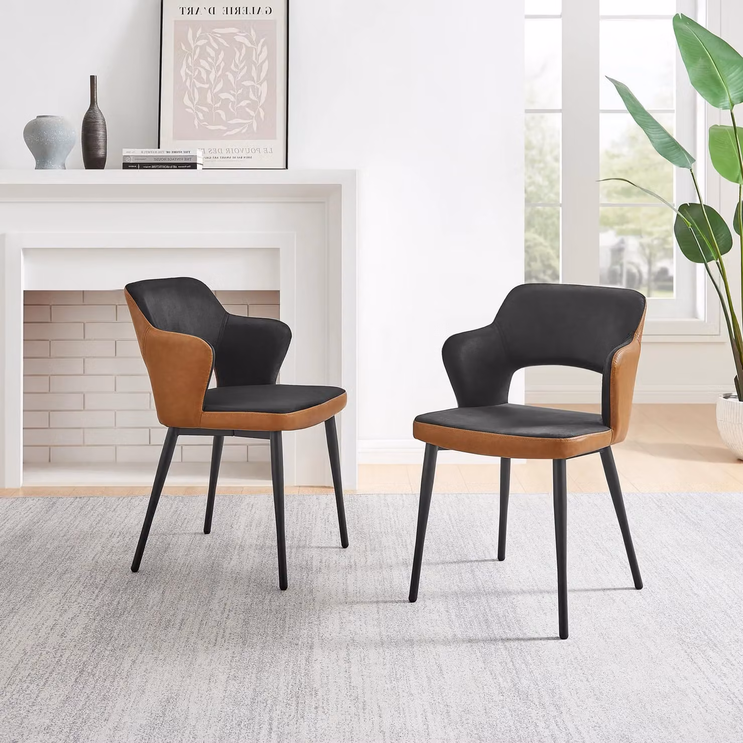 FurnitureboxUK Kai Set of 2 Black Velvet and Tan Faux Leather Dining Chairs with Black Metal Legs – 2