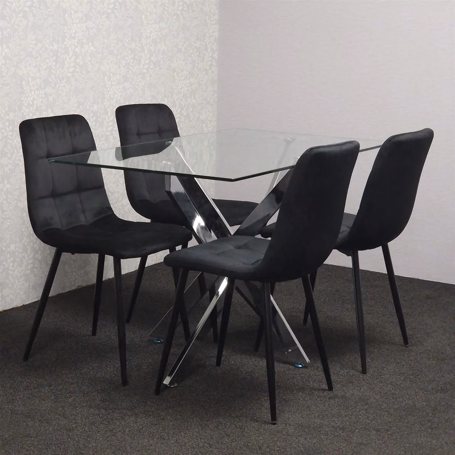 KOSY KOALA Modern Rectangular Glass Dining Table Set with 4 Black Velvet Chairs in Brown – 2