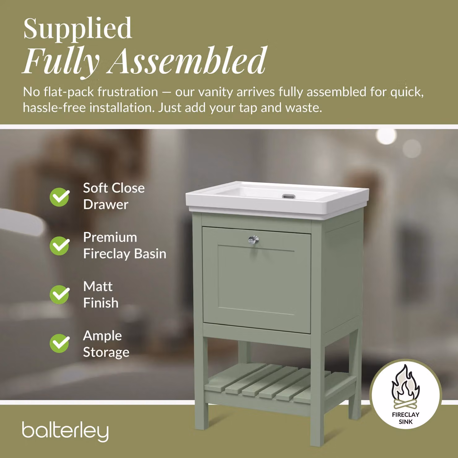 Balterley Bathroom 1 Soft Close Drawer Floor Vanity Unit with Basin, Green, W: 53.1 cm – 3