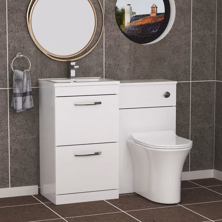 Royal Bathrooms Gloss White 1000mm 2 Drawer Furniture Pack with Minimalist Basin and Slim Breeze Back to Wall Toilet