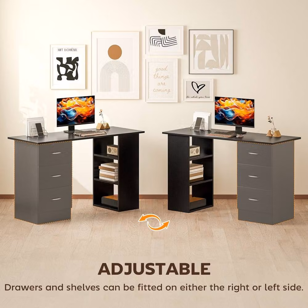STILVORA Black Modern Writing Desk with Drawers and Open Shelves – 8