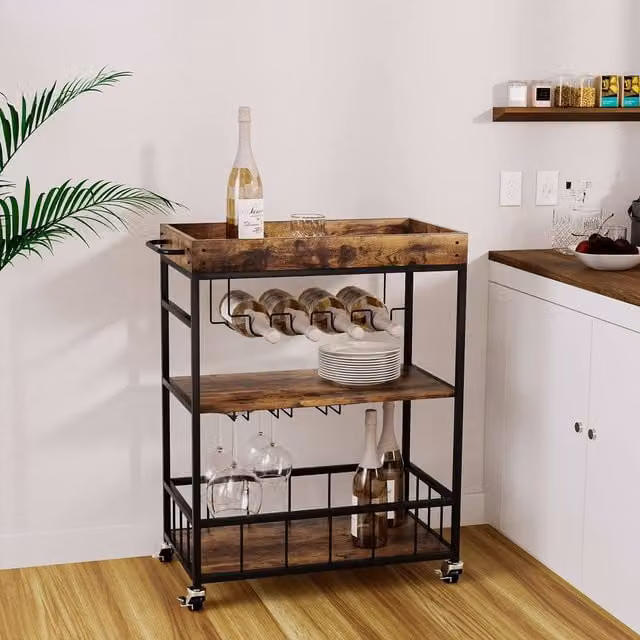 Huhote Brown Bar Cart with Wine Rack and Glass Shelves and Wheels – 1