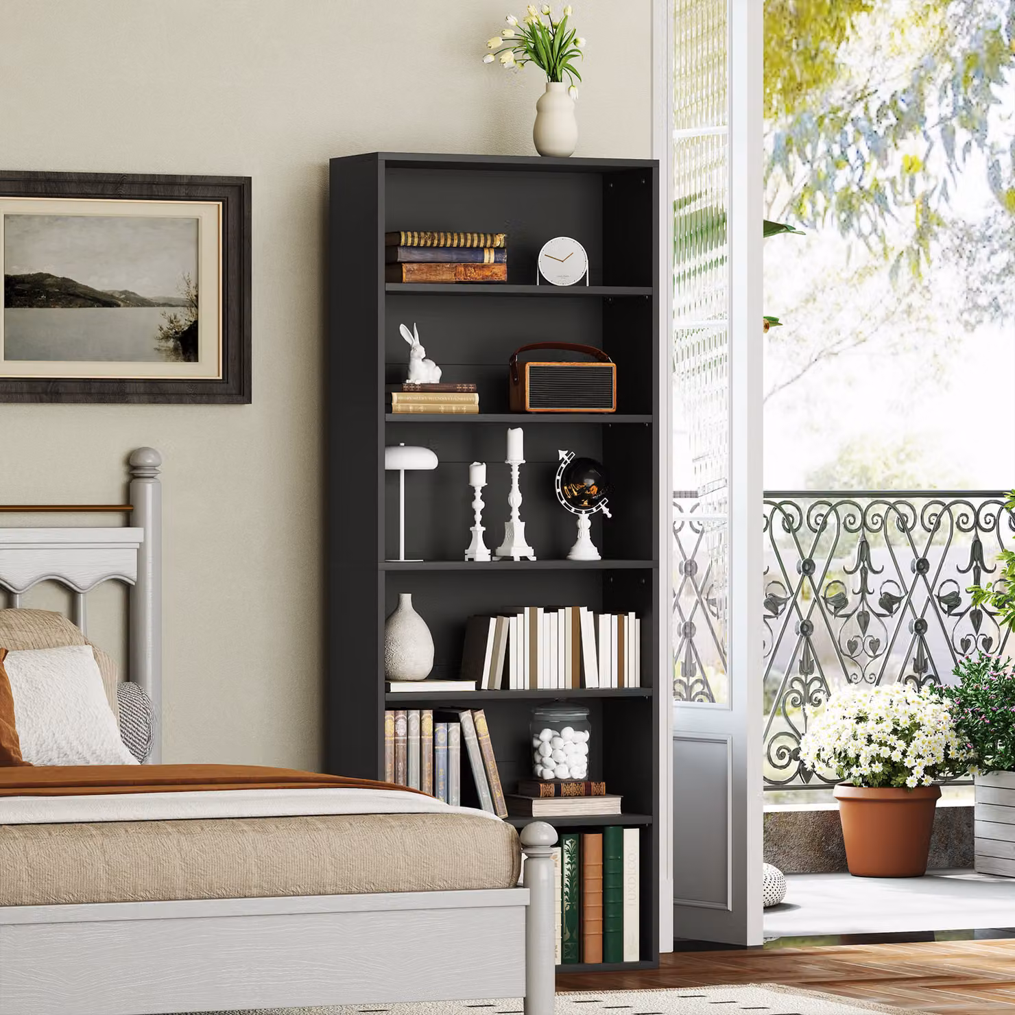 HOMCOM Six Shelf Modern Black Bookcase with Adjustable Shelves and Back Panel – 5