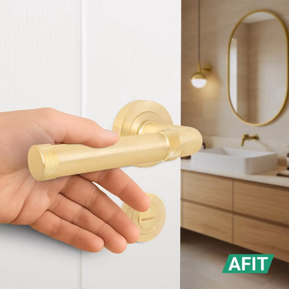AFIT Satin Brass Fire Door Handle and Bathroom Lock Set with Hinges in Gold, 150 x 150 mm – 4