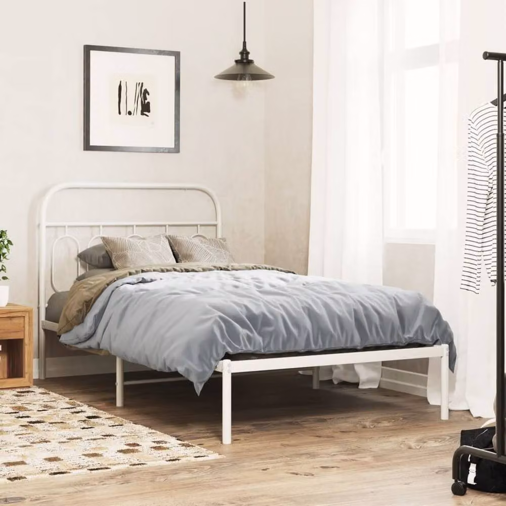 Berkfield Home Metal Bed Frame with Headboard in White, W: 107 cm, L: 203 cm – 2