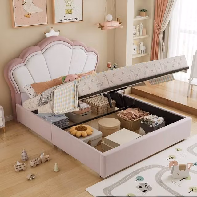 ModernLuxe Pink Velvet Upholstered Kids Double Ottoman Bed with Hydraulic Lift, W/D/H: 140 x 190 x 153 cm