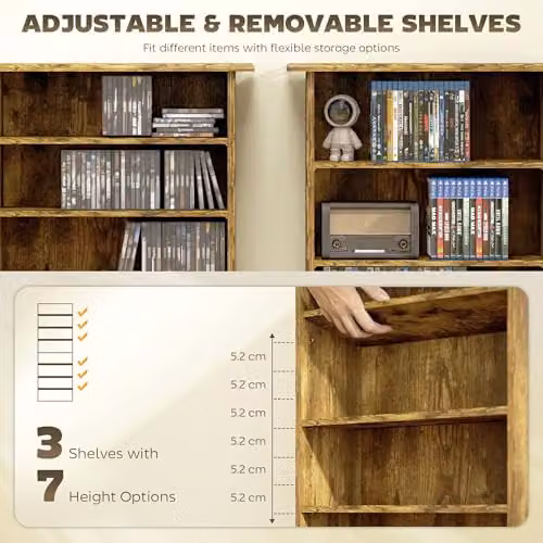 HOMCOM Rustic Brown Media Storage Unit with 6 Adjustable Shelves for Living Room, Bedroom or Home Office – 3