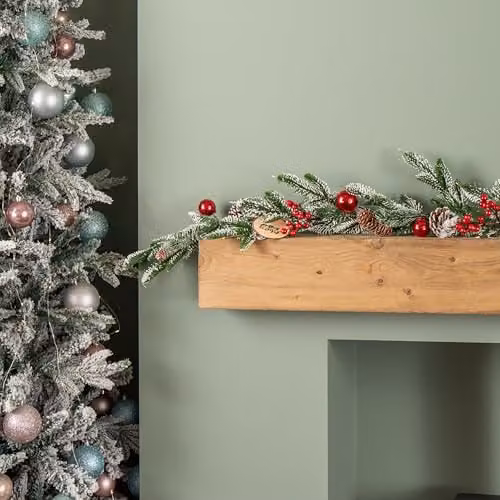 Samuel Alexander 1.9m Christmas Frosted Pinecone Garland with Red Berries, Baubles and Green Foliage – 2