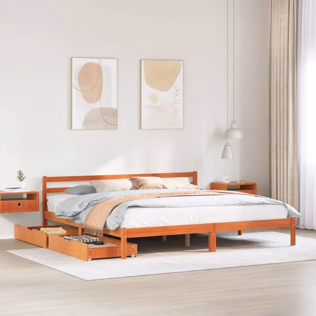 Berkfield Home Rustic Solid Wood Pine Bed Frame with Drawers, Wax Brown, 200 x 200 cm – 1