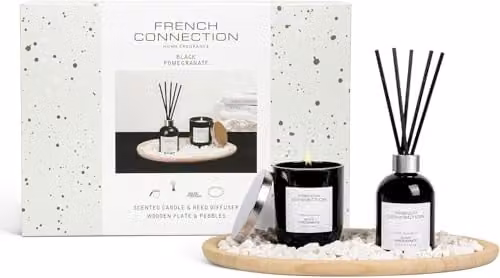 French Connection Black Pomegranate Home Fragrance Gift Set with Scented Candle, Reed Diffuser, Wooden Plate and Pebbles – 1