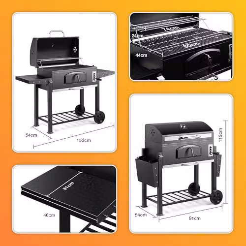 VonHaus Charcoal BBQ with Accessories – XXL American Portable Barbecue Grill and Smoker in Grey and Black – Max Width: 153 cm – 8