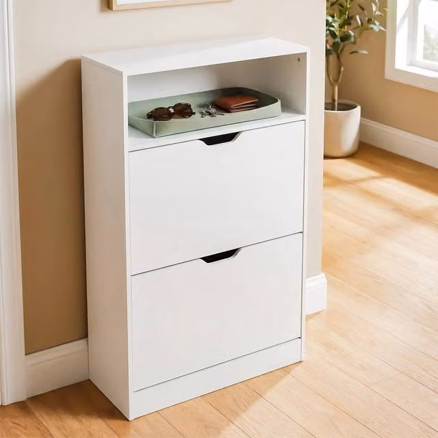 KORVIXA White 2 Drawer Shoe Cabinet with Open Shelf and Hinged Doors, W: 100 cm, D: 15 cm