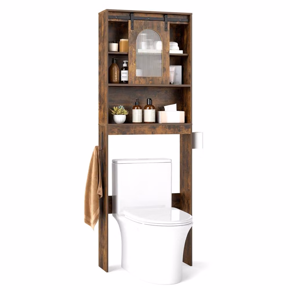 Costway Over Toilet Storage Cabinet Bathroom Organiser with Toilet Paper Holder in Brown – 2