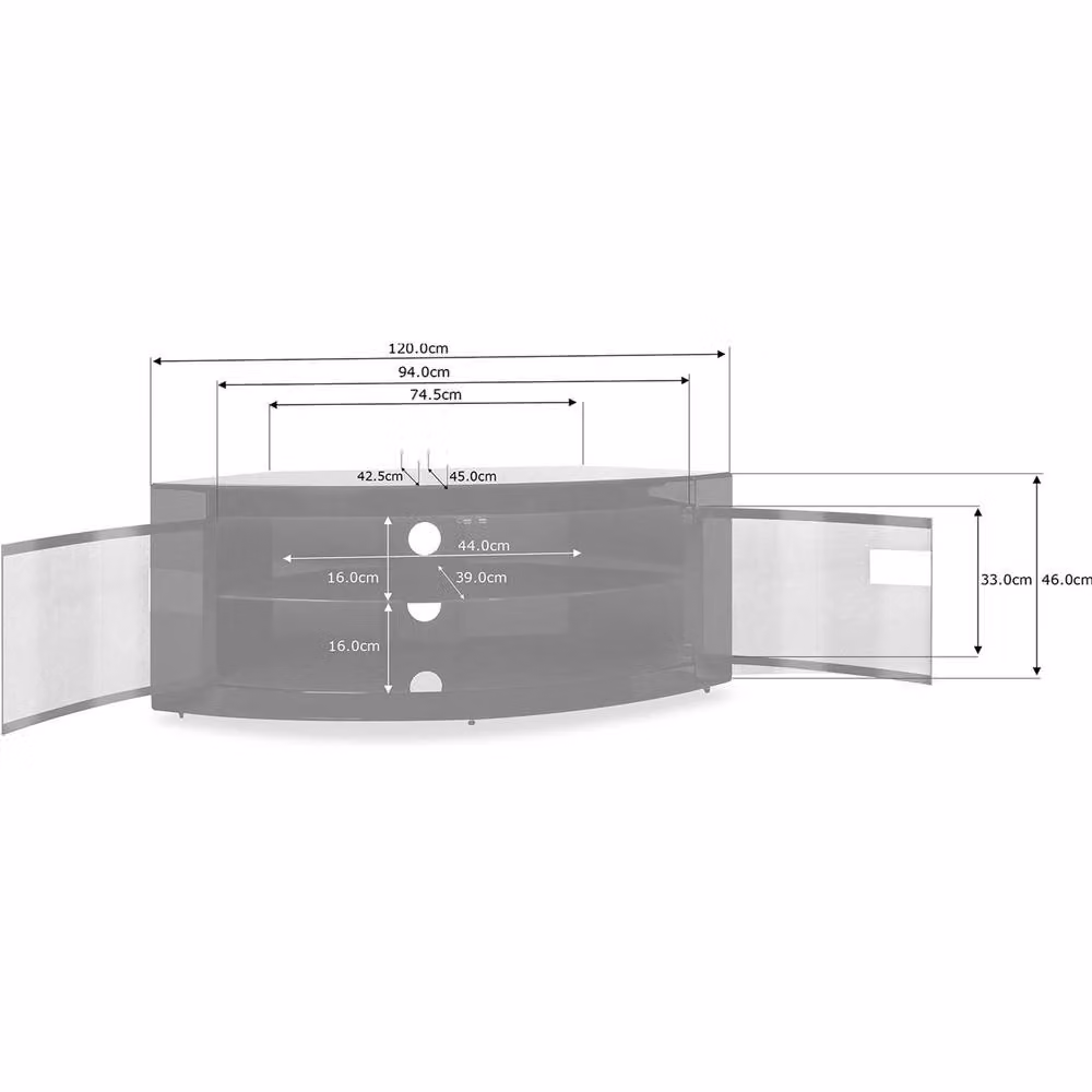 Centurion Supports PANGEA Gloss Black Beam-Thru Curved Tru-Corner TV Cabinet for 32-55 inch Screens W/D/H: 118 x 45 x 45 cm – 4