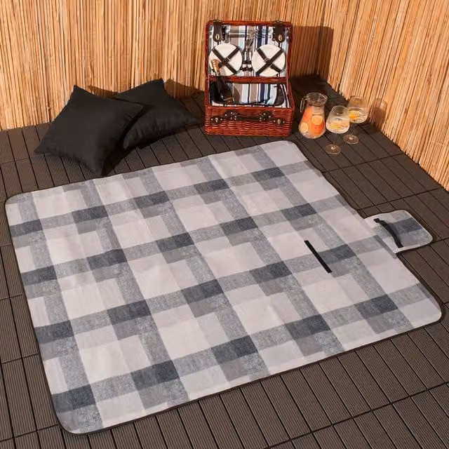 Dreamscene Grey Checked Foldable Picnic Blanket with Waterproof Underside