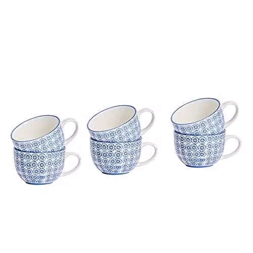 Nicola Spring Floral Blue Porcelain Coffee Cup Set, 250ml, Pack of 6