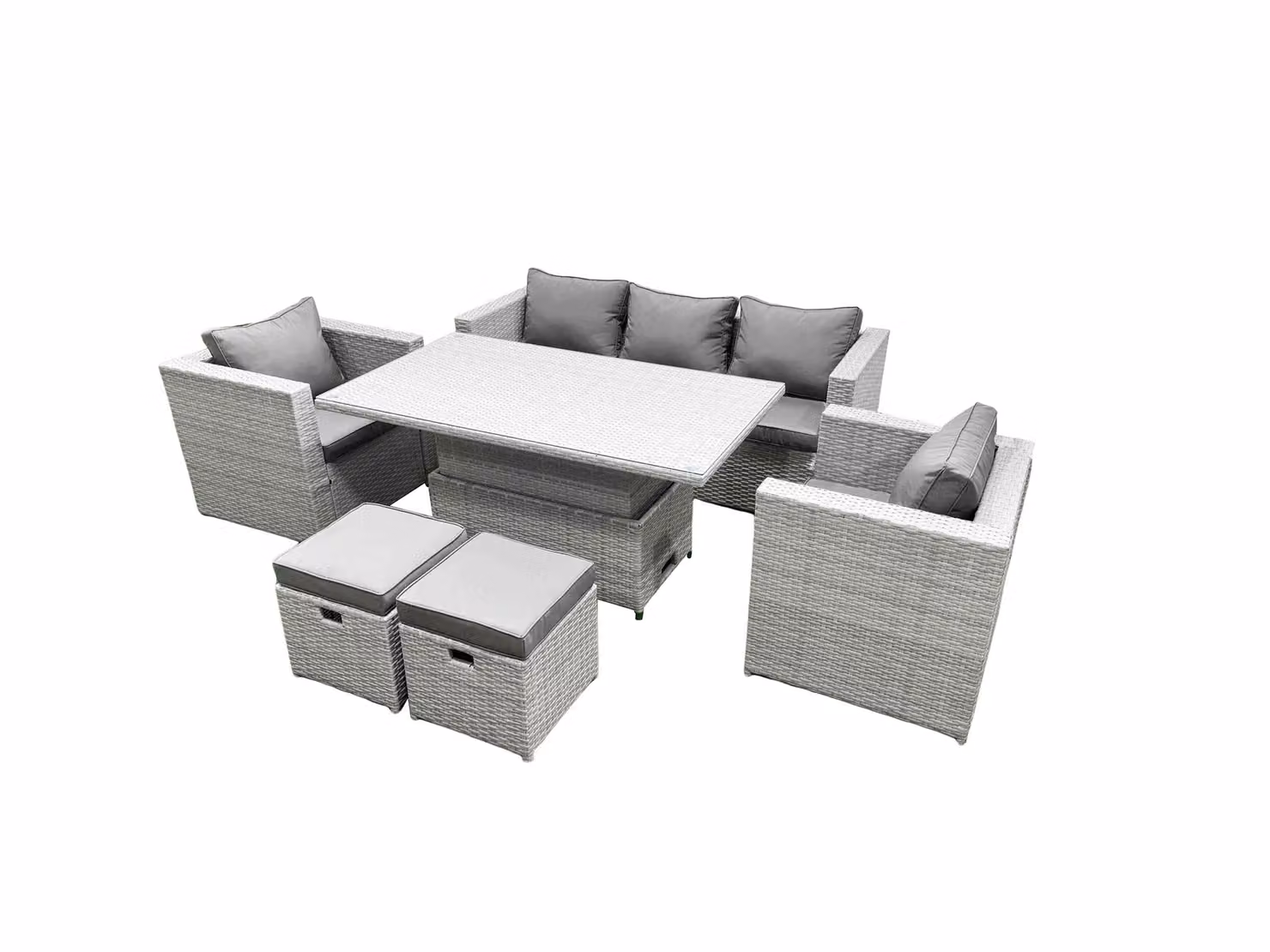 Fimous Rattan Garden Furniture Set in Light Grey with Adjustable Lifting Table, 2 Armchairs and Stool – 2
