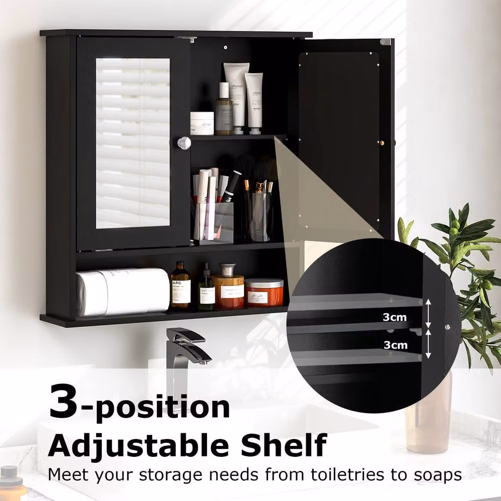 Costway Black Wooden Wall Mounted Bathroom Medicine Cabinet with Mirror and Two Hinged Doors – 7