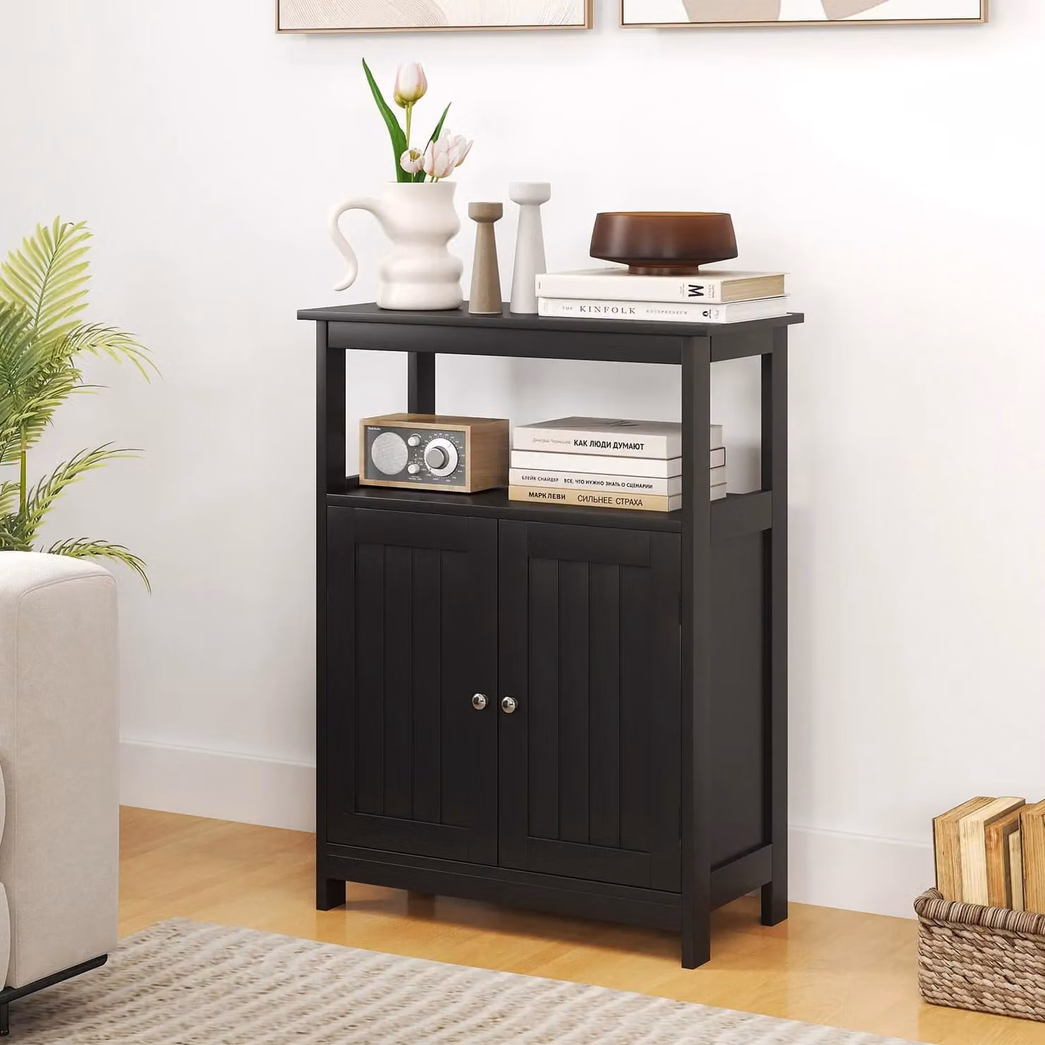 Gymax Modern Black Freestanding Bathroom and Living Room Floor Cabinet with 2 Hinged Doors and Internal Shelves – 7