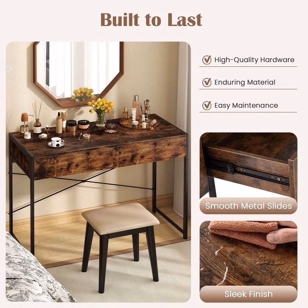 KORVIXA Compact Brown Writing Desk with Heavy-Duty Metal Frame, W/D/H: 100 x 100 x 90 cm – 4