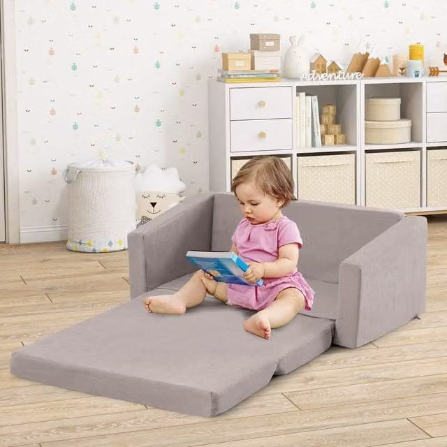 Costway 2-in-1 Flip Out Toddler Couch Lounger in Grey