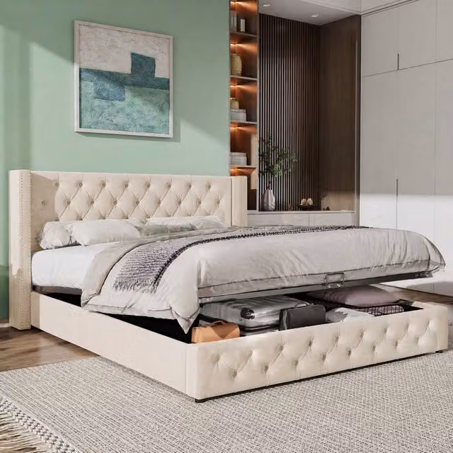 STILVORA Modern Velvet Ottoman Bed with Storage in Beige, W/D/H: 180 x 200 x 94.5 cm – 1