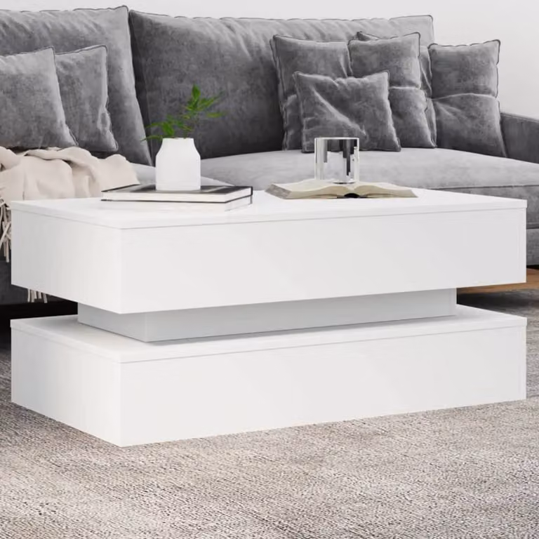Berkfield Home Modern White Coffee Table with LED Lights W/D/H: 90 x 50 x 40 cm