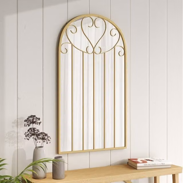 Livingandhome Gold Arched Windowpane Geometric Metal Wall Mirror, W: 65 cm, H: 116 cm