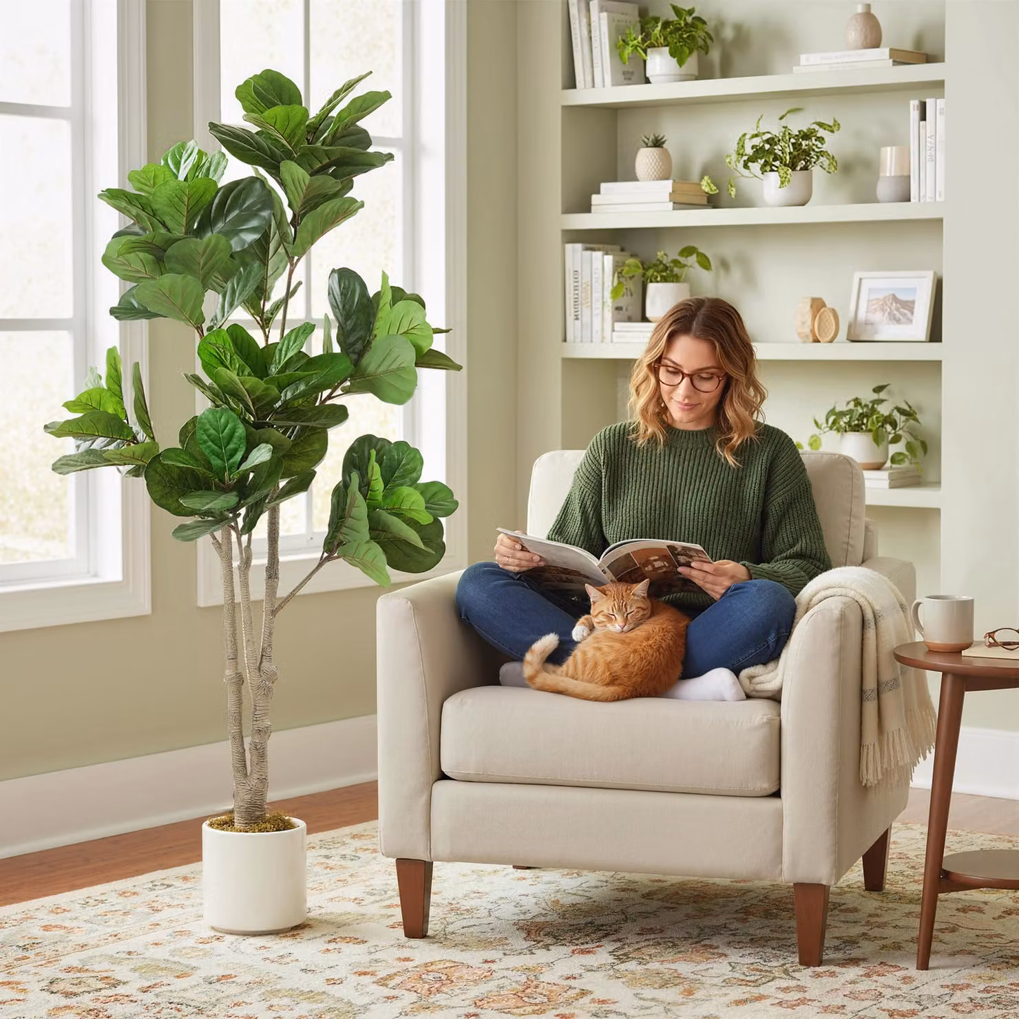 HOMCOM 180cm Artificial Fiddle Leaf Fig Tree in Green and White – 2