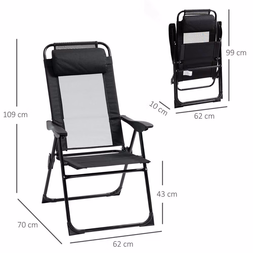 VOGREX Set of 2 Black Folding Garden and Camping Recliner Chairs with Adjustable Headrest and Armrests – 2