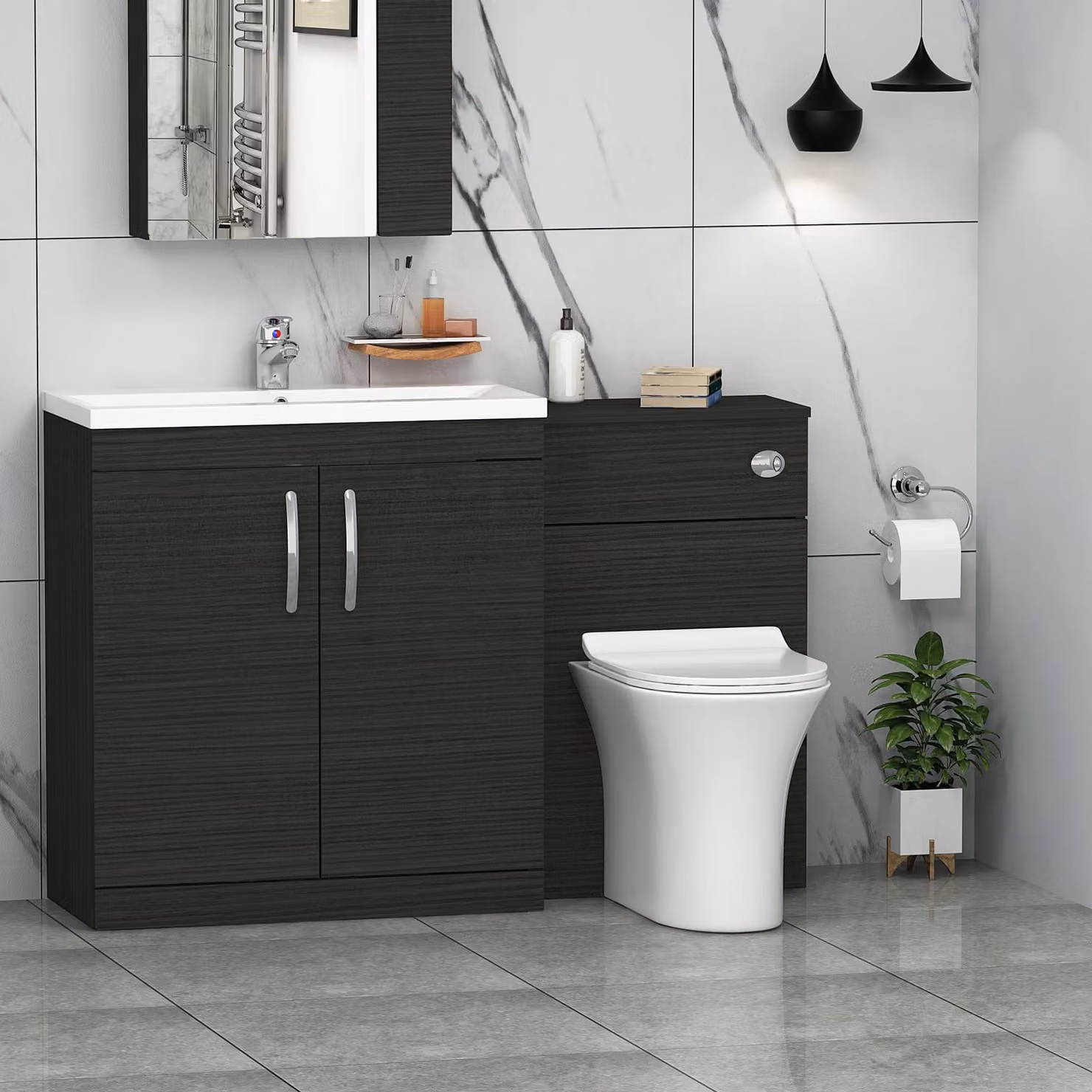 Royal Bathrooms Hale Black 2 Door Furniture Pack with Mid Edge Basin and Breeze Back to Wall Slim Seat Toilet, Width: 130 cm