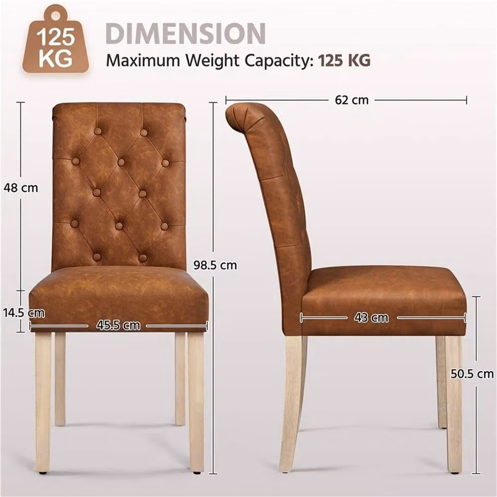 Kelvenix Set of 2 Retro Brown Fabric and Synthetic Leather Dining Chairs with Rubberwood Legs – 2