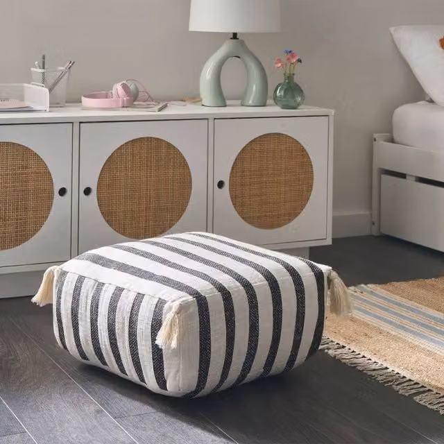 Wyld and Coco Striped Black and White Cotton Floor Cushion W/D/H: 45 x 45 x 20 cm