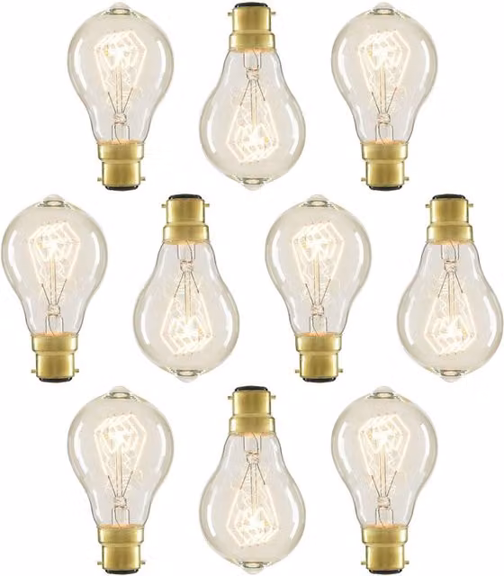 Litecraft 10 Pack of 40W B22 Warm White Vintage Filament Incandescent Bulbs in Transparent Glass